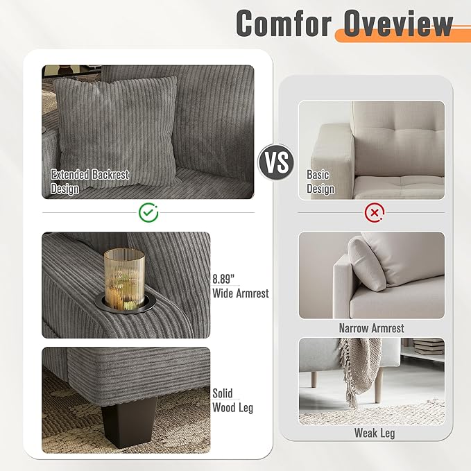 YESHOMY Couches for Living Room Comfy Corduroy Cloud Couch 3 Seater Sofa with Deep Seat Modern Couch with 2 Pillows and 2 Cup Holders for Apartment (Gray) | Deep Seat Cloud Cousion Soft Pillows