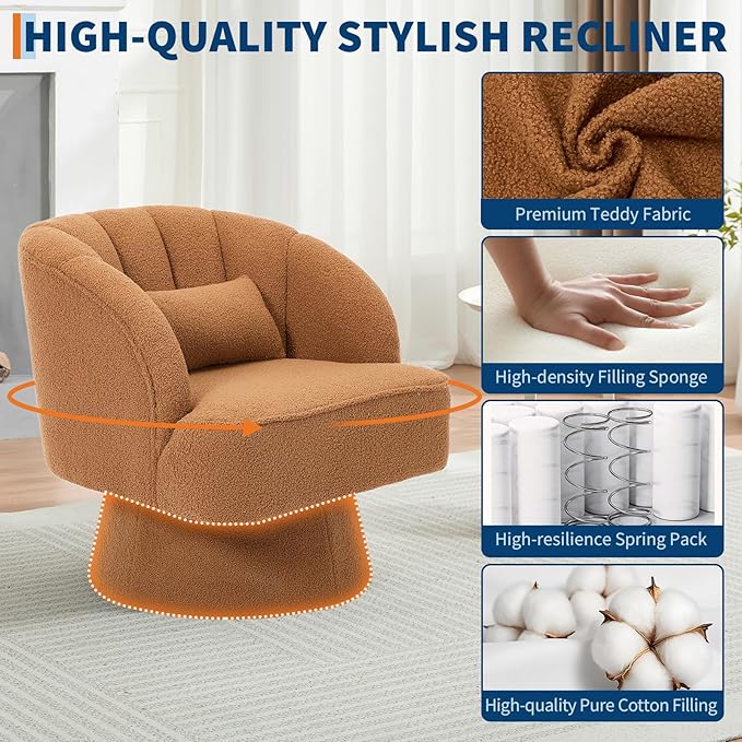 Mid Century Modern Swivel Barrel Chair - 360° Swivel Accent Chair with Plush Teddy Fleece Upholstery &amp Wide Cushioned Seat Round Lounge Sofa Chair for Living Room Bedroom Office (Brown 2 PCS)