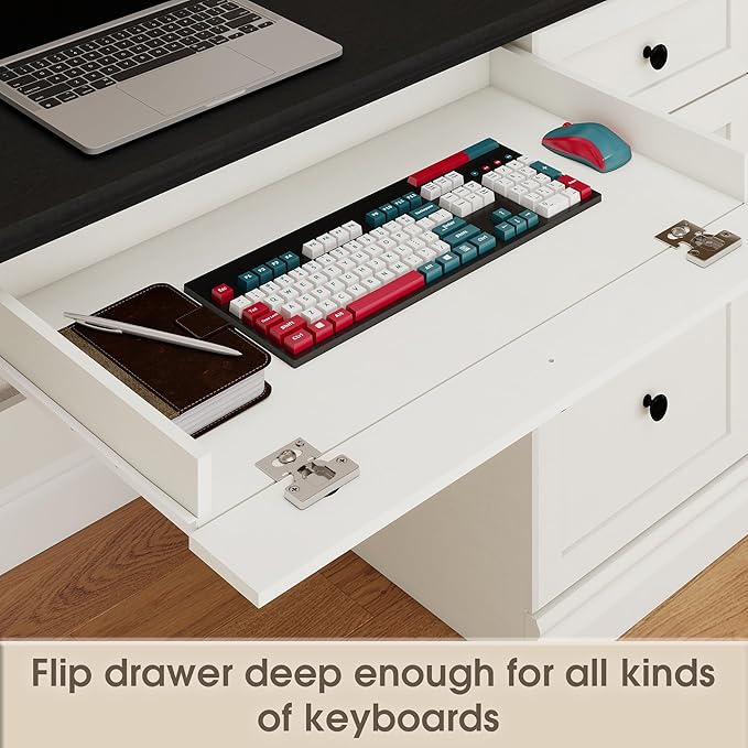 60.5 Executive Office Desk Classic Computer Desk with File Drawer Keyboard Tray Cabinet Storage Farmhouse Wood Writing Desk for Home Office or Study White with Black Desktop