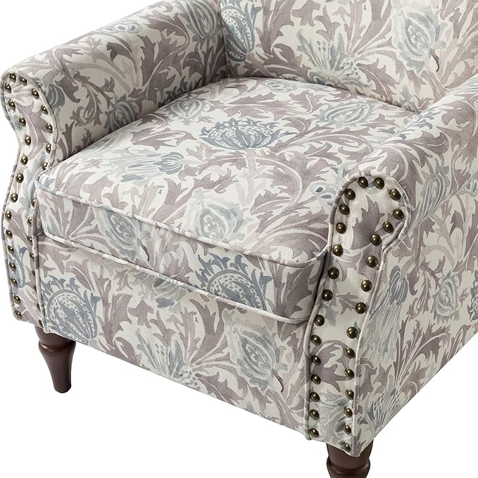 HULALA HOME Modern Wingback Accent Chair with Wood Legs &amp Removable Cushion Comfy Upholstered Armchair with Nailhead Trim Floral Pattern Single Sofa Chair for Living Room Bedroom Grey
