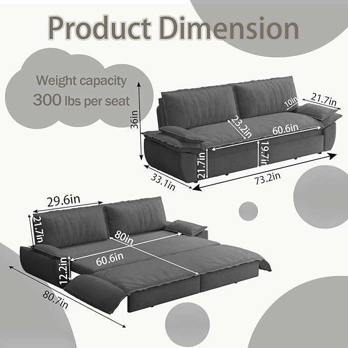 73.2 Queen Size Pull Out Sofa Bed 3-in-1 Convertible Sleeper Corduroy Loveseat for Living Room Apartment Bedroom Small Spaces Dark Grey (Mattress &amp Bedding Not Included)