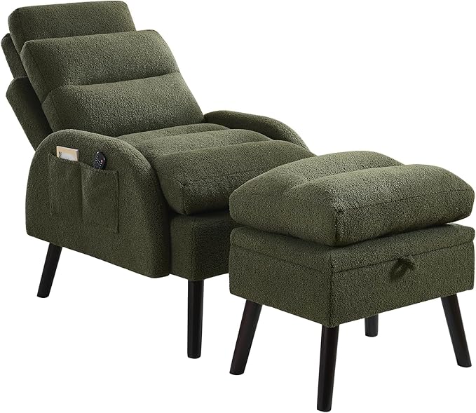 Accent Chair with Ottoman Comfy Reading Chair with Ottoman Set Modern Oversized Velvet Lounge Armchair with Adjustable Backrest for Living Room Bedroom (Teddy Dark Green)