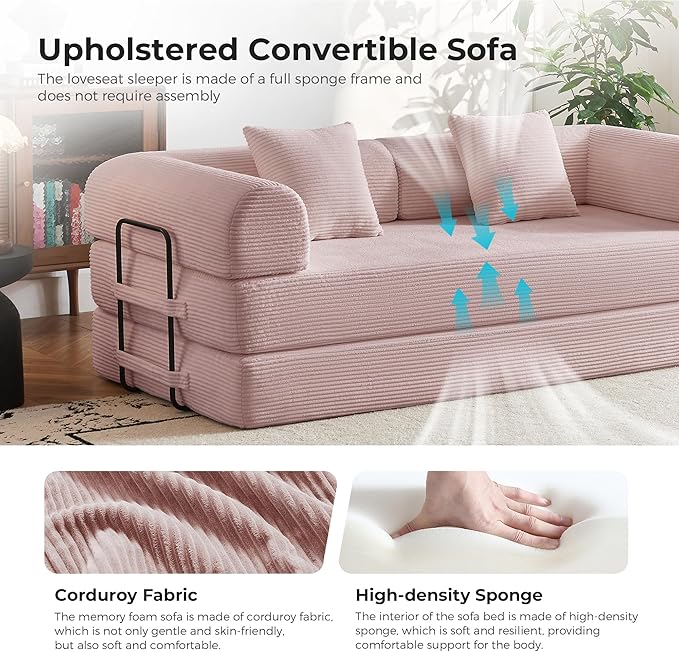 5-in-1 Convertible Lounger Sofa Bed | 79 High-Support Foam Modular Design No Tools Needed | Corduroy Fabric Converts to Bed Perfect for Bedroom &amp Reading Nook (Pink)