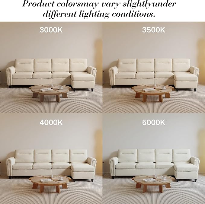 ABET 106 Inch Modular L-Shaped Sectional Couch with Ottoman 4 Deep Seat Convertible Sofa with Ottoman Nailhead Decor Comfy Upholstered Cushion for Living Room Bedroom Apartment Off-White-Beige