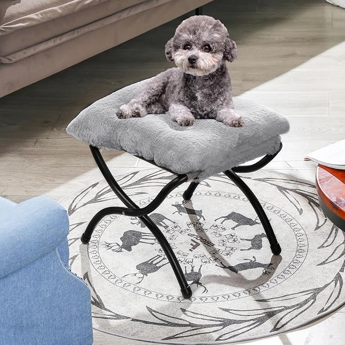 15 Foldable Foot Stool Ottoman with Metal Frame - Washable Faux Fur Grey Upholstered Indoor/Outdoor Footrest for Living Room Bedroom Patio - Space-Saving Compact Design
