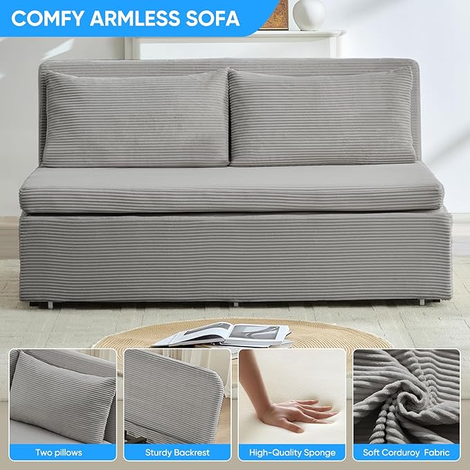 PUREMIND 3-in-1 Queen Size Pull Out Sofa Bed Convertible Corduroy Couch with Pillows and 3.9 Memory Foam Mattress Loveseat Sofa-Bed for Living Room Apartment (Light Grey)