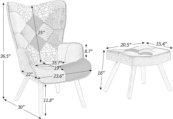 Accent Chair with Ottoman Living Room Chair and Ottoman Set Comfy Side Armchair for Bedroom Creative Splicing Cloth Surface