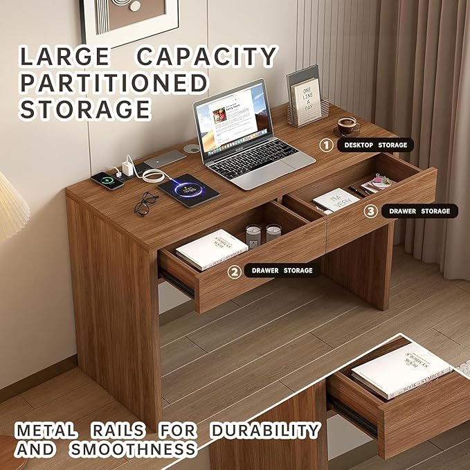 Executive Desk with Drawers Computer Desk with Drawers with Pre-Embedded Slots 47 inch Modern Walnut Home Office Desk with Charging Station for Study Living Room Bedroom