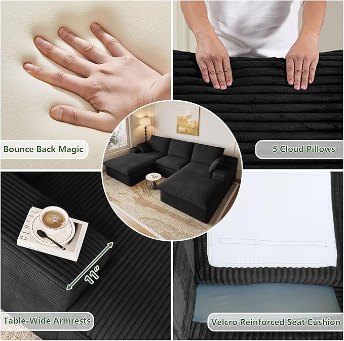 107 Cloud Couch Modular Sectional Sofa for Living Room U-Shape Boneless Couch with Deep Seat Modern Corduroy 3-Seater with Ottoman No Assembly Required (Jet BlackLeft-Facing Chaise)