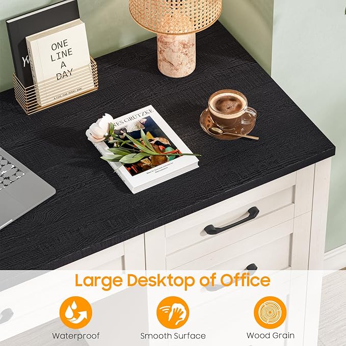 Vabches Farmhouse 47 Executive Desk with 4 Drawers Computer Desk with File Drawer and Charging Station Workstation for Home Office Study.（Black）
