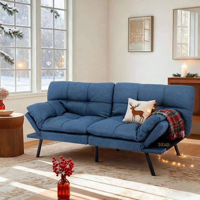 MUUEGM Futon Sofa Bed 71 Convertible Memory Foam Royal Blue Futon Couch Bed Modern Loveseat Sleeper with Adjustable Backrests Armrests for Living RoomSmall SpaceOffice