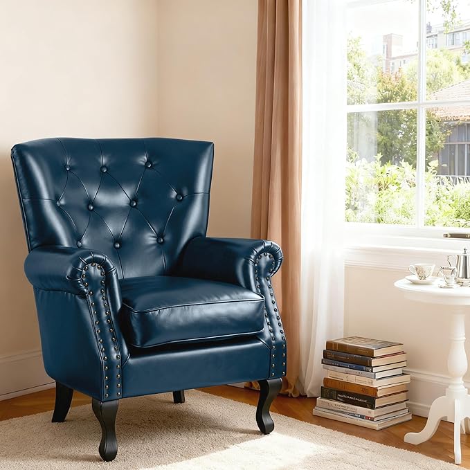 Modern Accent Chair Mid-Century Faux Leather Armchair with Solid Wood Legs Single Sofa Club Chair for Living Room Bedroom Leisure Room Reading Room(Navy)