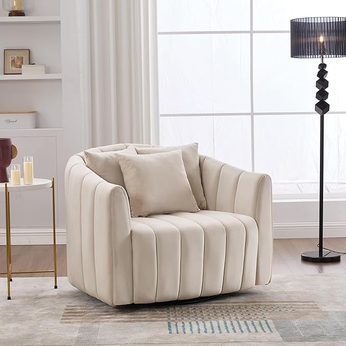 360° Swivel Barrel Chair with Curved Backrest 40 W Velvet Armchair with 3 Soft Pillows Accent Lounge Chair with Channel Tufted Design for Living Room Bedroom Studio Beige