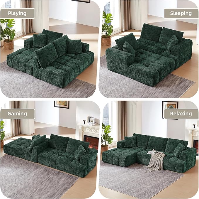 110 Inch Cloud Sectional CouchModern Upholstered Sofa with Deep SeatChenille Boneless Couches with L-Shape ChaiseSponge Compressed Couches for Living Room (Dark Green Left Facing Chaise)