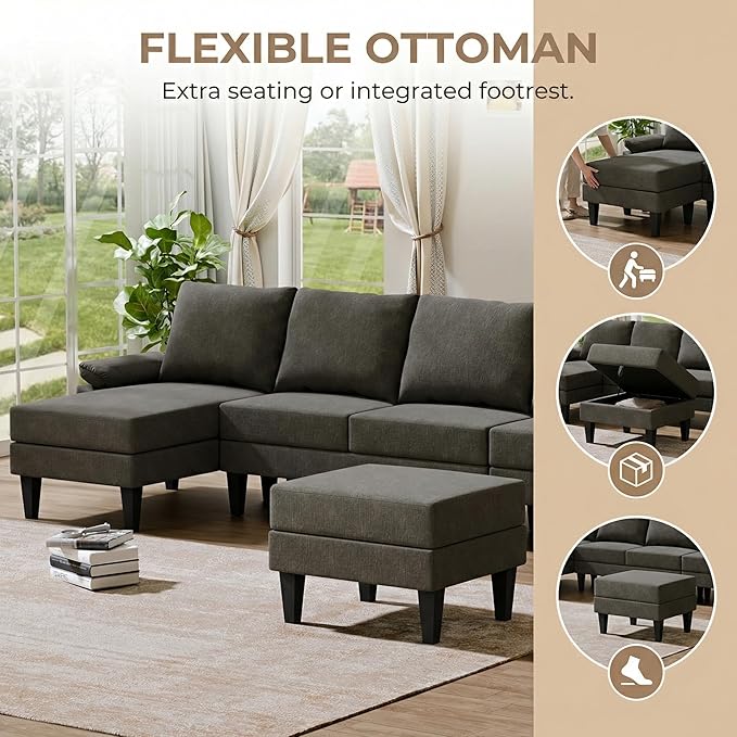 4-Seat U-Shaped Modular Sofa with Double Storage Ottoman - Space-Saving Convertible Lounge Couch for Home &amp Office Brown Grey