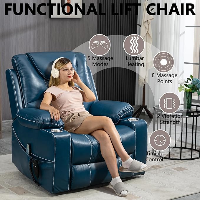 Large Power Lift Recliner Chair Sofa with Massage and Heat for Big and Tall ElderlyInfinite PositionsDual MotorCup HoldersAir Leather Home Theater Seat