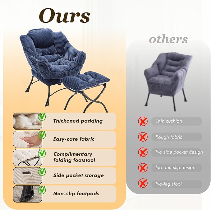 QQU Lazy Chair with Ottoman Corduroy Lounge Armchair Reading Chair with Footrest for Living Room Balcony Study (Navy)