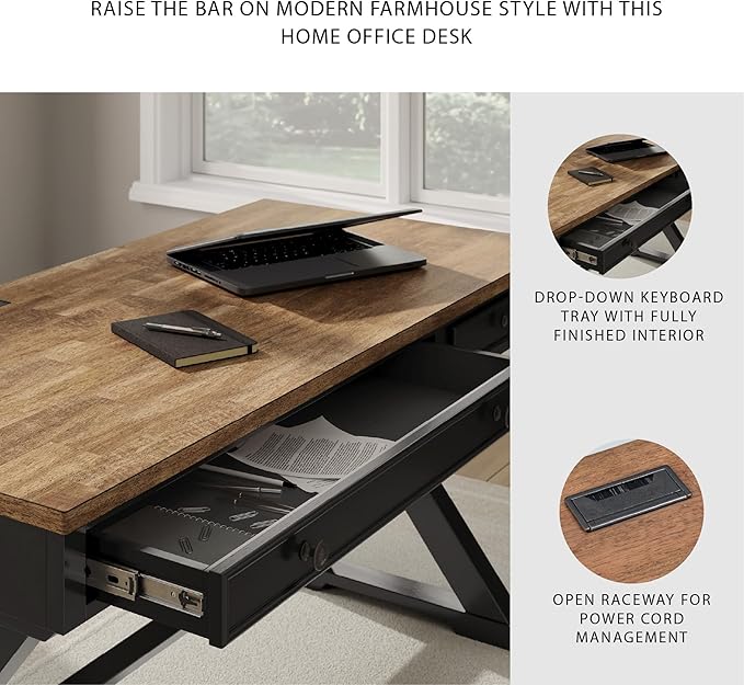 Signature Design by Ashley Wildenauer Farmhouse 1-Drawer 60 Home Office Desk with Keyboard Tray Cord Management and Trestle Base Dark Brown &amp Black