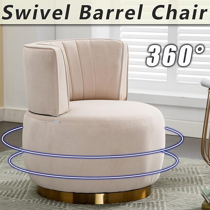 Small Barrel Chair Swivel Barrel Chair with Thicken Backrest Round Accent Chair for Living Room Bedroom Office Comfortable Velvet Fabric Soft High-Density Foam Padding (Beige)