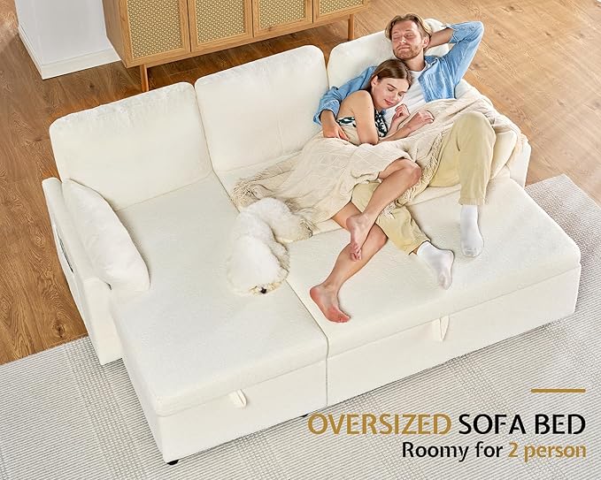 Jocisland Sofa Bed L Shaped Sleeper Sofa with Storage Chaise Pull Out Sofa for Living Room Guest Room Apartment White Boucle Couch