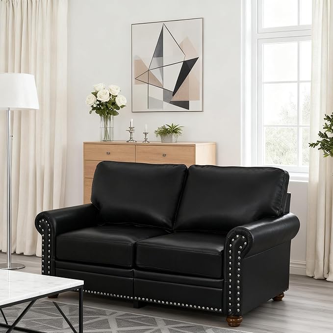 Loveseat Velvet Fabric Two- Seater Couch Buckle Design and Rivet Decoration Deep Seated Double Sofa Suitable for Living Room Bedroom Apartment Hotel etc (black-07)