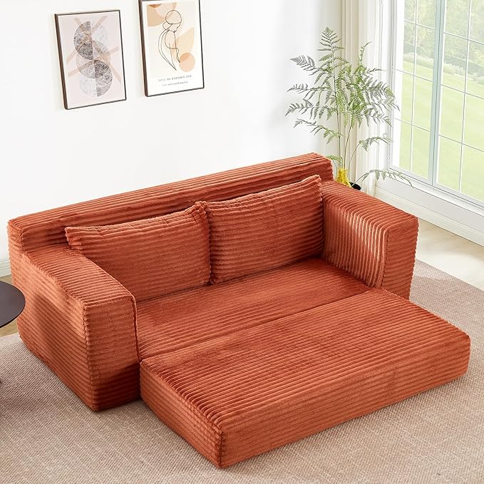 Folding Sofa Bed with Memory Foam Convertible Floor Sleeper Sofa 72 Pull Out Couch Bed with Steel Frame Modern Compressed Couch for Living Room Bedroom Apartment No Assembly (Corduroy Orange)