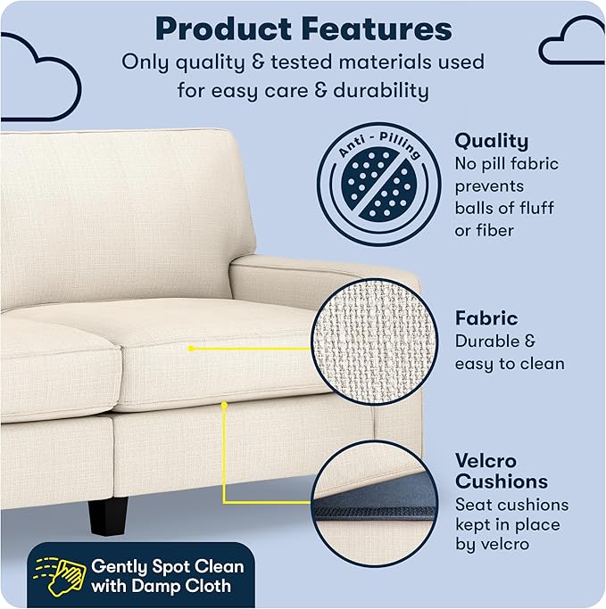Serta Palisades 73 Track Arm Sofa Easy Care Polyester Soft Pillow Back Pocket Coil Seat Cushions Removable Covers Loveseat or Couch for Small Spaces Living Rooms or Bedrooms Buckwheat Beige