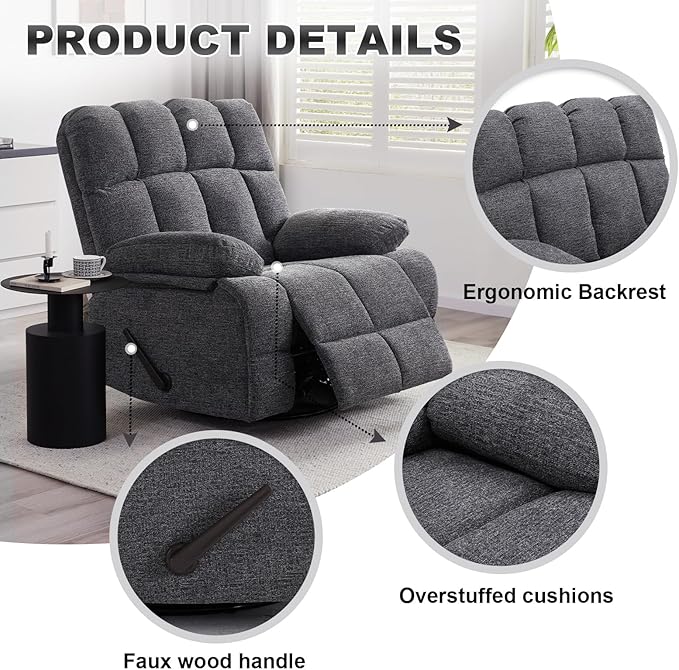 Oversized Swivel Rocker Recliner Chair for Adult Rock Recliner for 350lb Big Man Extra Wide Manual Recliners Overstuffed Soft Rocking Sofa ChairLight Grey