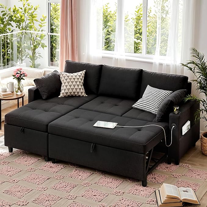 Sleeper Sofa Couch with Pullout Bed 83.5 Sectional Sofa Bed Couches for Living Room Apartment Pull Out Couch with USB Charing Reversible Storage Chaise Cup Holder Linen Fabric Black