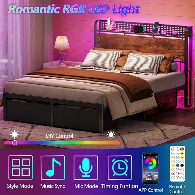Furnulem Full Size Bed Frame with Headboard Storage Platform Bed Frame Full Size with 2 Drawers Charging Station and LED Lights No Box Spring Needed Noise Free Easy Assembly (1000 lbs Capacity)