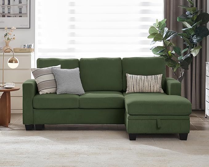 CHIC HOUSE Corduroy Modular Sectional Couch with Ottoman Chaise L/U Shaped Sleeper Sofa for Living Room Apartment Lounge Modern Armrest Neck Support Furniture (4 Seater Sectional Green)