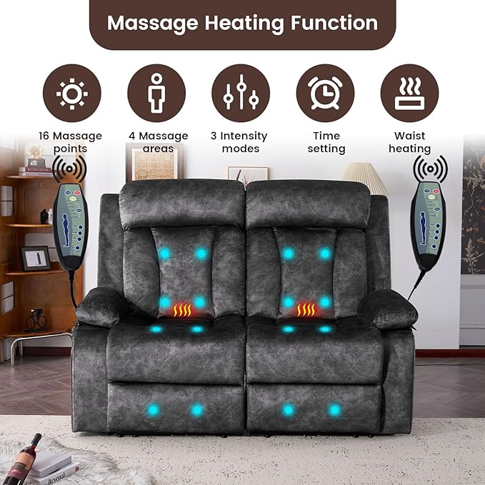 Power Reclining Loveseat with Massage &amp Heat Loveseat Recliner Sofa with Cup Holders Electric Recliner RV Sofa with USB/Type C/Side Pocket Wall Hugger Loveseat for Living Room