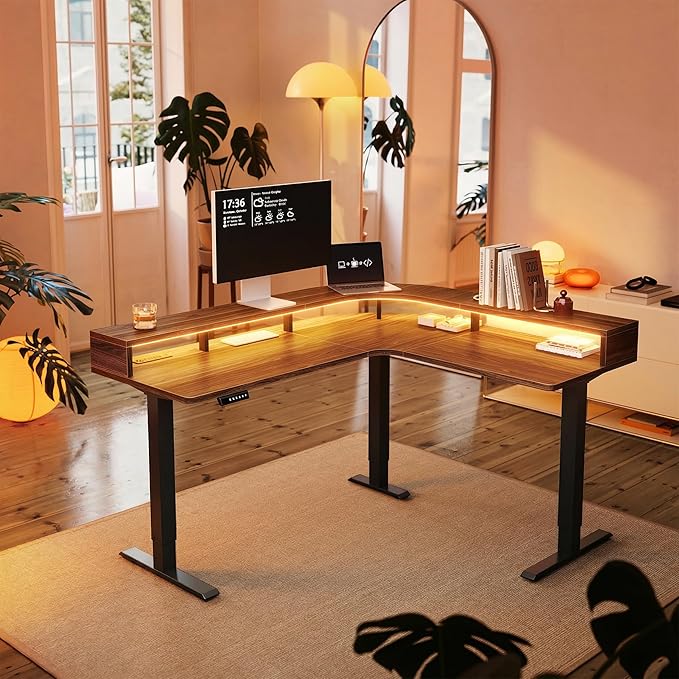 HUANUO L Shaped Electric Standing Desk with LED Strip &amp Power Outlets 63 x 55 2-Tier Height Adjustable Sit Stand up Desk Large Corner Gaming Desk with Power Strip Holder Walnut