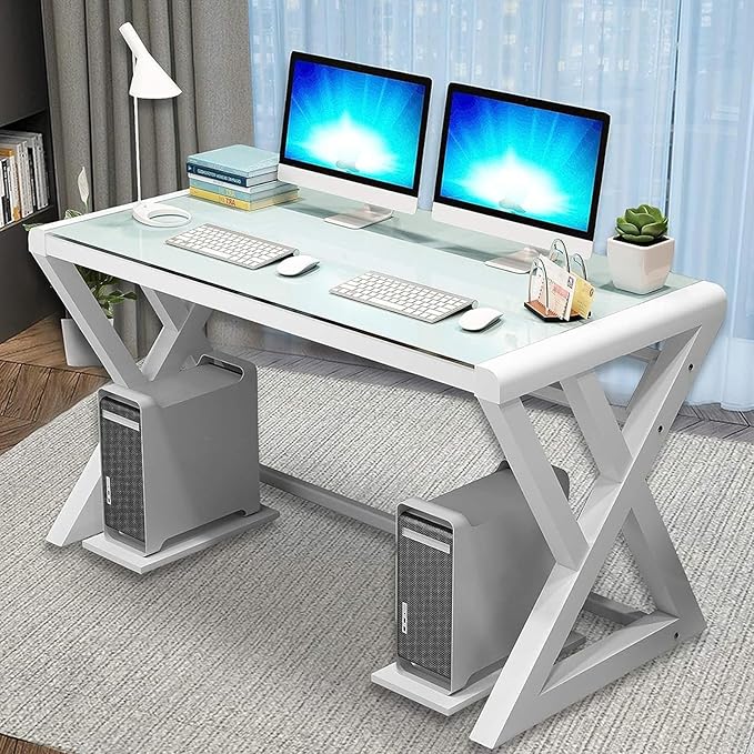 BINGTOO 55.1 Glass Top Computer Desk with Metal Frame - Modern Simple Workstation for Home Office Gaming Writing Study &amp Work White