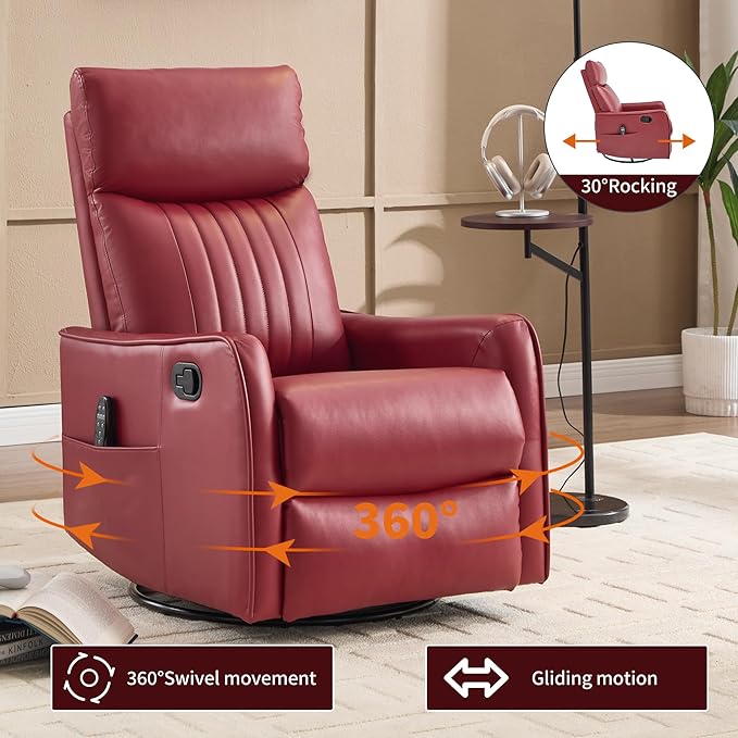 360°Rotating Heated Massage Chair with 8 Vibrating nodesComfortable Rocking Chaise Lounge with Black Metal Base Single Sofa for Living RoomBedroomOfficeRed Faux Leather