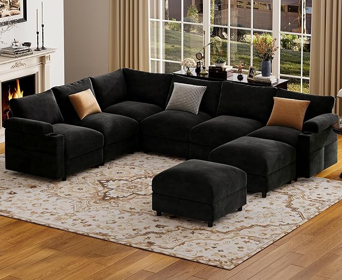 Sectional Couches for Living Room FSC Certified Velvet Modular Couch Oversized Cloud U Shaped Convertible Sleeper Sofa Chaise Detachable Armrest Cushio (Chenille Black U Shape 8 Seat)