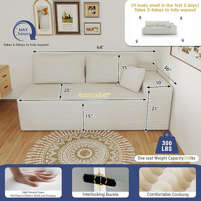 68 2 Seater Cloud Loveseat Sofa Plush Corduroy Fabric Modern Modular Couch Deep Seat Sleeper Couch Reading Chairs for Living RoomBedroom Movie RoomNo Assembly Required Left Facing Beige