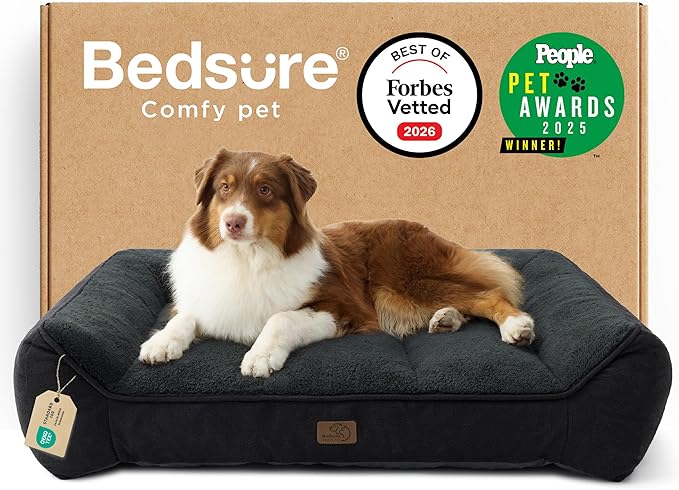 Bedsure SupportMax™ Orthopedic Dog Beds Large Sized Dog - As Seen on TV Extra Thick Supportive Large Dogs Bed with Waterproof Washable Cover L Plus Comfort Pet Sofa with Soft Sherpa Black 38