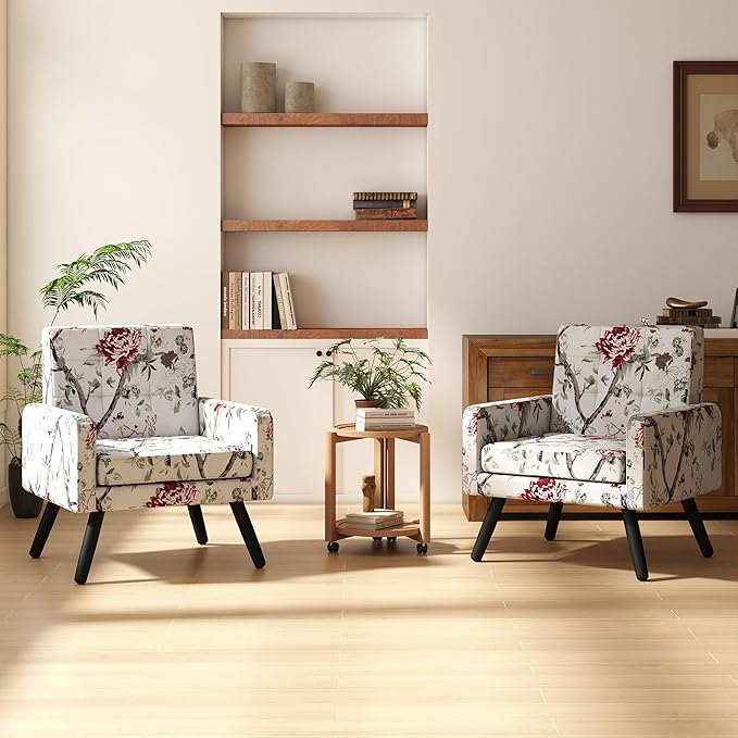 Accent Chair for Living Room Set of 2 Mid-Century Modern Comfy Upholstered Armchair with Large Seat Single Sofa Reading Chair 496 Lb. Weight Capacity for Bedroom Apartment Red Floral
