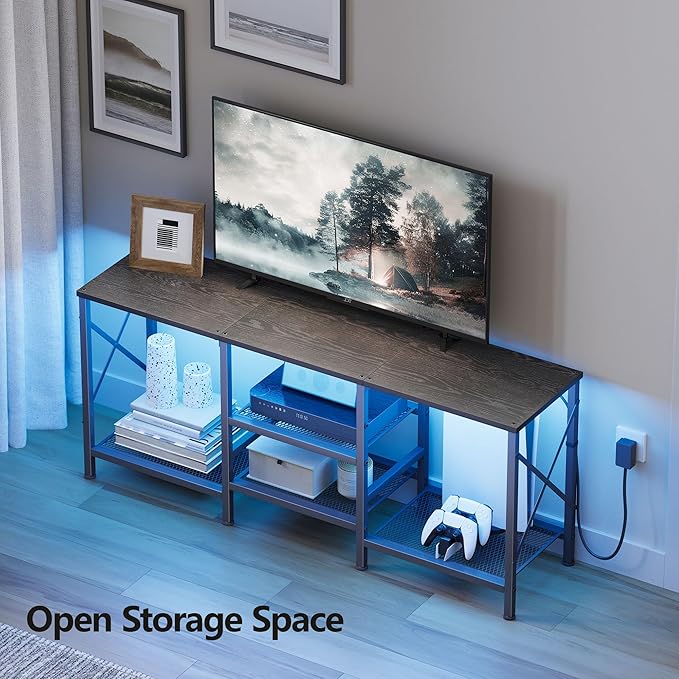 TV Stand with LED Lights for 55 Inch TV Entertainment Center with 3-Tier Open Shelves TV Console Table for Living Room Bedroom Black