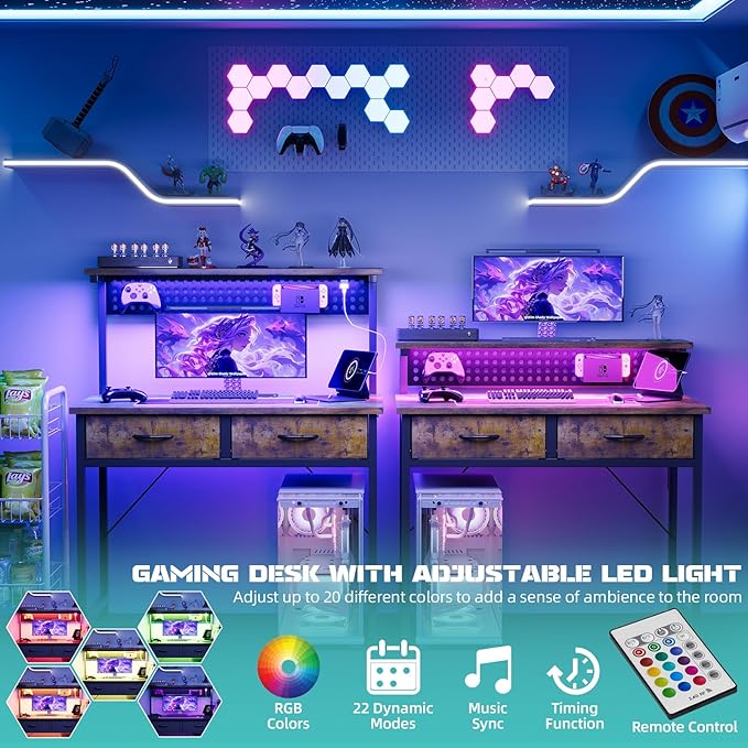 MUTUN Small Desk with Drawers 31 Inch Computer Desk with Power Outlet &amp LED Light Gaming Desk with Adjustable Monitor Stand &amp Pegboard Modern PC Study Writing Table for Bedroom Rustic Brow