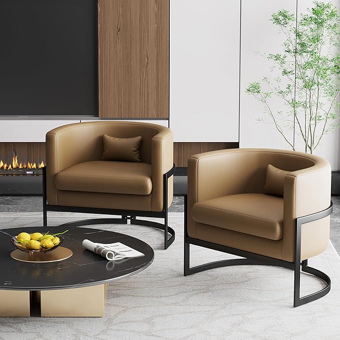 Alunaune Upholstered Modern Living Room Chairs Barrel Accent Chair Faux Leather Armchair Mid Century Lounge Chair Anti Scratch Sofa Tub Bucket Club Side Chair for Bedroom-Brown