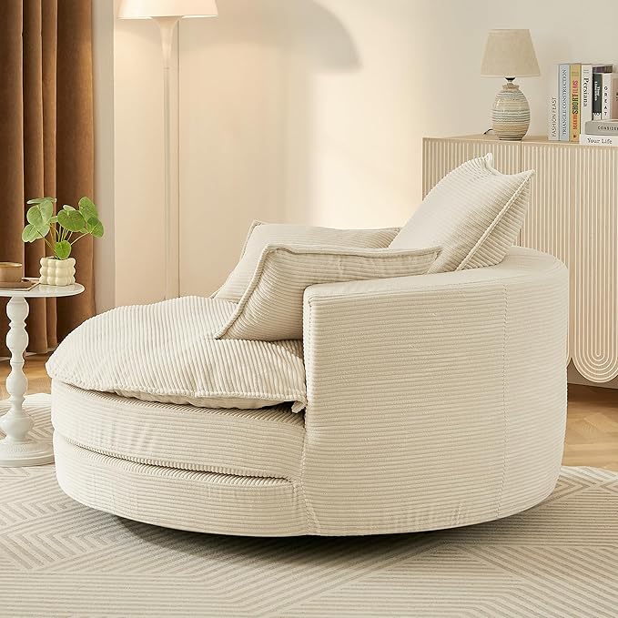360° Swivel Sofa Chair Accent Barrel Chair 57.5 Swivel Round Chair with Dual-Layer Cushion Design and 3 Removable Pillows for Living Room Bedroom Office and Hotel (Beige)