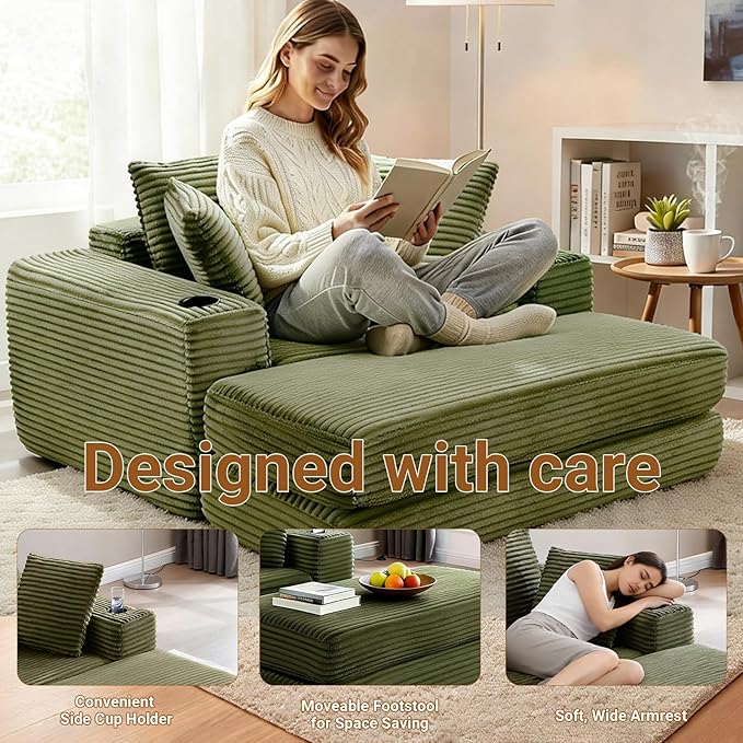 53 Oversized Chaise Lounge Chair Indoor Modular 3-in-1 Corduroy Boneless Chair Cloud-Like Cozy Comfy Sofa Bed Sleeper Couch for Reading Living Room Bedroom Green