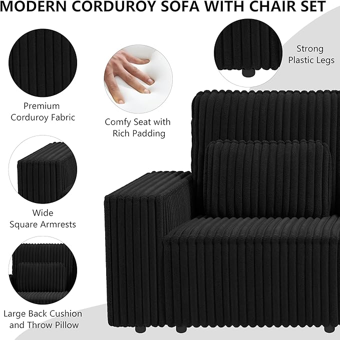mikibama 2PC Corduroy Sofa Couch with Chair Set for Living RoomModern 2 Piece Loveseat Sofa and Armchair SetDeep Seat 2 Seater Couch with Accent Chair for OfficeApartment