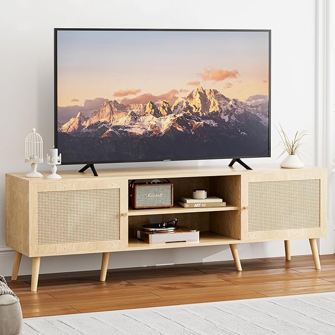 TV Stand for TVs up to 65'' Entertainment Center With Rattan Door Shelves &amp 2 Cabinets Long Boho Media Console for Living Room Natural