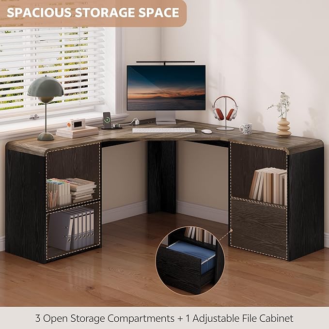 60 L Shaped Desk with File Drawer Modern Corner Computer Desk with Storage L Shape Home Office Desk Executive Desk with Power Outlets Storage Shelves File Cabinet for Working Writing Black