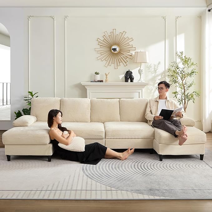 PUREMIND Sectional U Couches for Living Room U Shaped Sofa with Double Chaise Lounge and Sleepable Armrests Corduroy 4 Seater Sectional Sofa Living Room Furniture