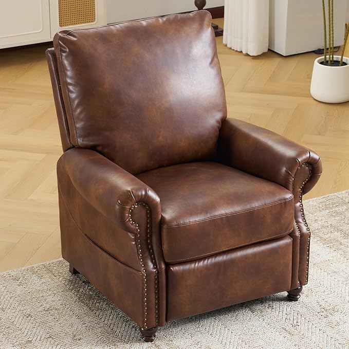 Pushback Recliner Chair with Massage and Heating Breathable Leather Recliner Chair with Overstuffed Backrest and Rivet Decoration Single Sofa Accent Chair for Living Room Light Brown