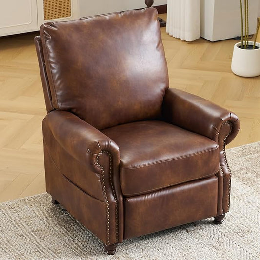 Pushback Recliner Chair with Massage and Heating Breathable Leather Recliner Chair with Overstuffed Backrest and Rivet Decoration Single Sofa Accent Chair for Living Room Light Brown
